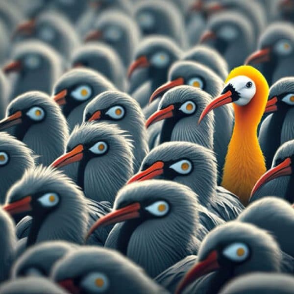 Orange bird standing out from the crowd